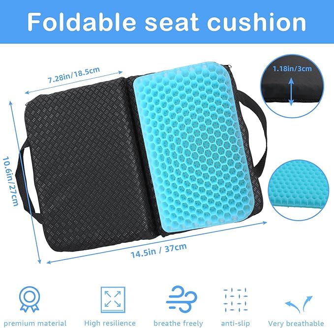 Portable Gel Seat Cushion Foldable Gel Travel Cushions for Long Sitting Pressure Relief for Office Chair Car Stadium Airplane Travel Relive Sedentary Pain