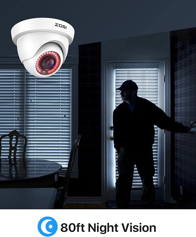ZOSI 2.0MP HD 1080P 1920TVL Hybrid 4-in-1 TVI CVI AHD 960H CVBS CCTV Dome Camera Indoor Outdoor ,80ft Day Night Vision Aluminum Metal Housing For HD-TVI, AHD, CVI, and CVBS/960H analog DVR(White)
