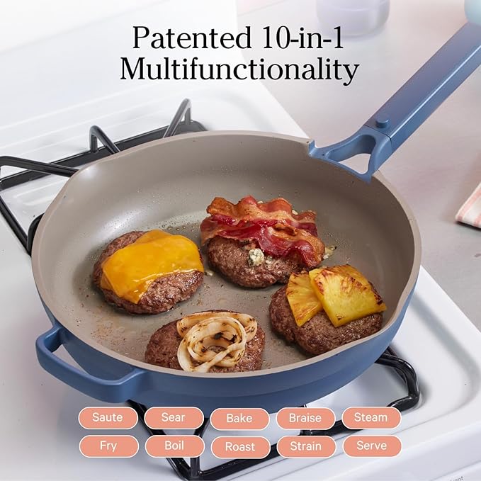 Our Place Large Always Pan 2.0-12.5 (4 Qt) Nonstick, Toxin-Free Ceramic Cookware Patented 10-in-1 Aluminum Frying Saute Pan Safe for Oven, Induction All Cooktops up to 450F Blue Salt