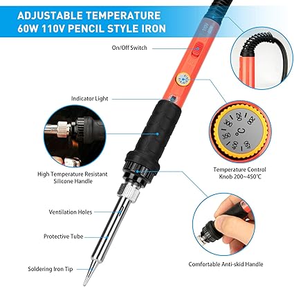 Soldering Iron Kit, 60W Upgraded Soldering Kits Adjustable Temperature Welding Tool Solder Irons Pen with OnOff Switch Use for Electrical Repairs