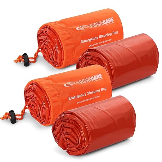 Primacare CB-3684-2 Pack of 2 Emergency Sleeping Bags for Survival, Mylar BlanketTent Used for Emergency, Camping, Hiking, Hunting, Outdoors, Perfect for Medical First Aid Supply Kits, Adult, Orange