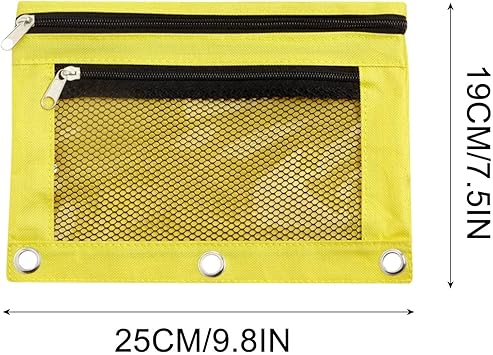 Pencil Pouch for 3 Ring Binder, Clear Window Pencil Case for Binder, Pencil Bags with Zipper Reinforced Grommets, Pencil Case for Binder, Fabric Pencil Pouch (Yellow)