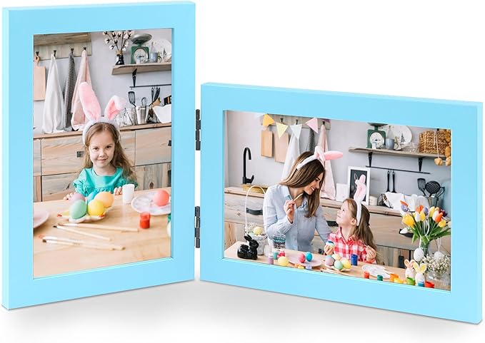 Vertical Horizontal Combo, Double 5x7 Soft-Blue Wood Foldable Picture Frame, Opening 4.5x6.5, Desktop or Wall Mounted, Portrait and Landscape View