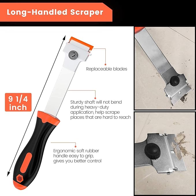 DEKEones Razor Blade Scraper, Long Handled Scraper Tool with 10 Extra Replacement Blades, Razor Scraper Remover for Cleaning Sticker, Paint, Caulk from Window, Car, Glass, Windshield, Stove