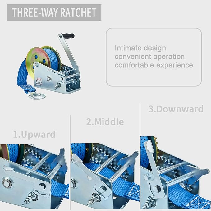 OPENROAD Boat Winch 3500lbs Hand Winch, with 32ft Blue Strap and 2 Speed switchable, for Boat Trailer Towing Winch