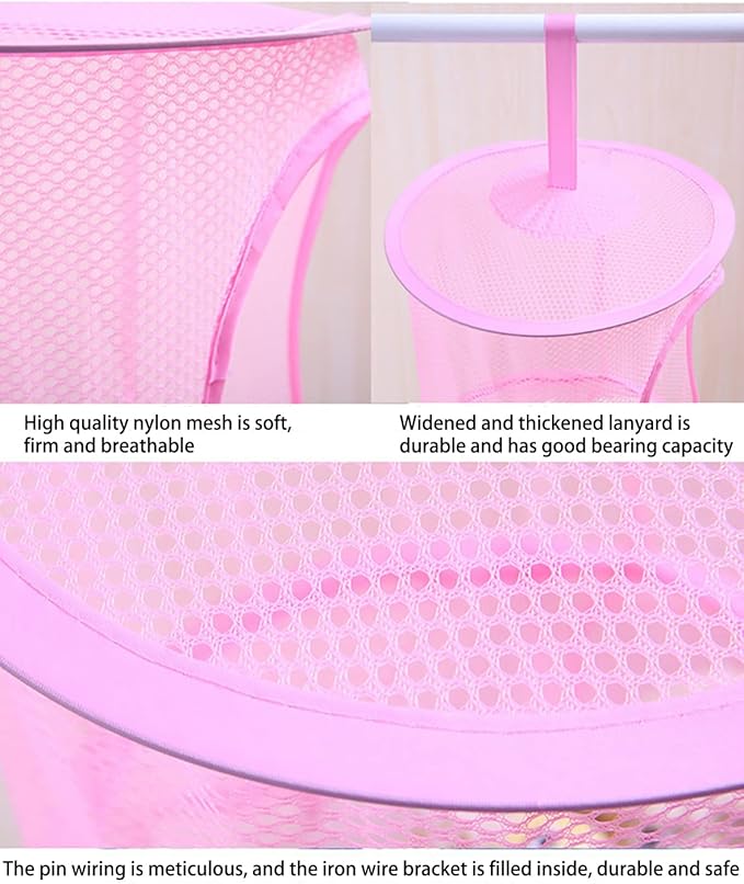Mesh Hanging Storage Basket With 3 Compartments Foldable Hanging Storage Organizer Net Bag for Toys Storage, Space Saver Sundries Clothes Bra Underwear Socks Drying Basket Laundry Hamper (Pink)