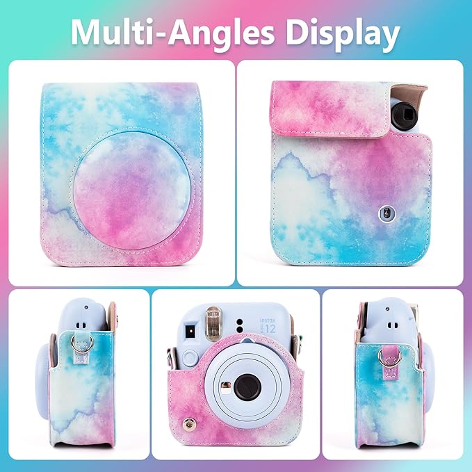 MUZIRI KINOKOO Case for Fujifilm Fuji Instax Mini 12Fuji Mini 12 Instant Camera - PU Leather Protective Case Cover Bag with Adjustable Shoulder Strap - Blue Pink Watercolor