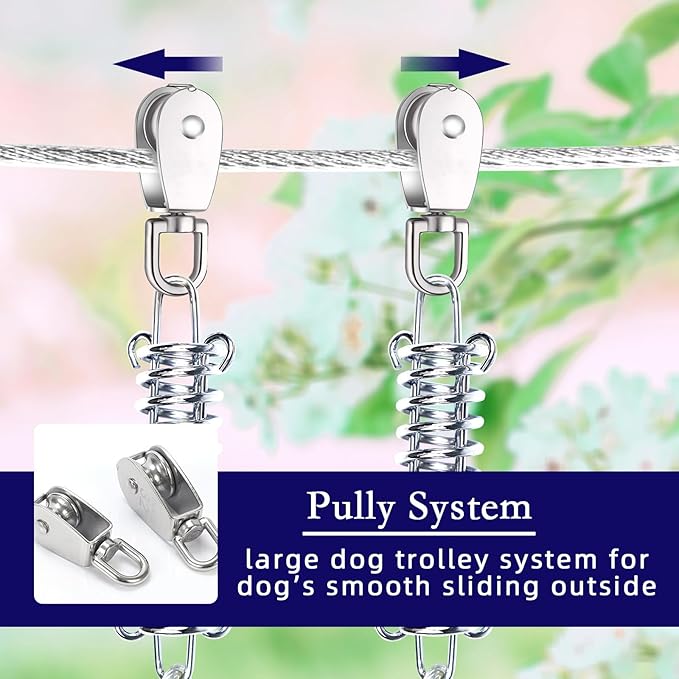 Dog Tie Out Runner for Yard,Trolley System for Large Dogs,Heavy Duty Dog Run Cable Lead 50ft with 10ft Pulley Runner Line for Small Medium and Large Dogs Up to 250lbs Running Outside Yard or Camping