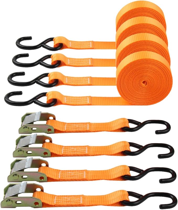 Ratchet Tie-Down Straps, 1" x20' Lashing Strap, Polyester Webbing, Coated S-Hooks Metal Cambuckles, 1000lbs Capacity (Pack of 4)