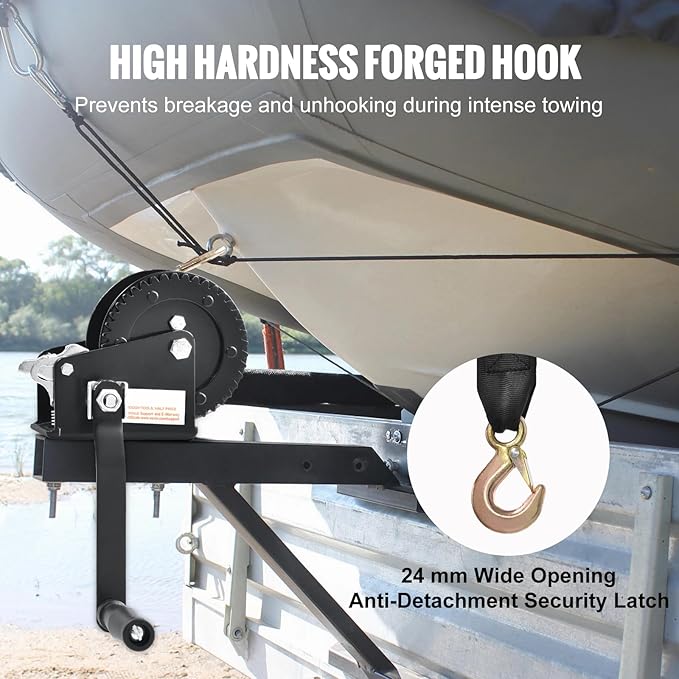Happybuy Manual Winch, Pulling Force of 2000 lbs, Durable Trailer Winch with 23 ft Polyester Strap, Dual-Direction Ratchet, Robust Rope Crank for Towing Trailer, Boat or ATV