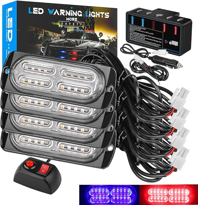 Updated Emergency Strobe Warning LED Lamp Kit, 4 Pods, 20 LEDs, 18 Flash Patterns for Warning Strobe Light, Emergency Light, Light