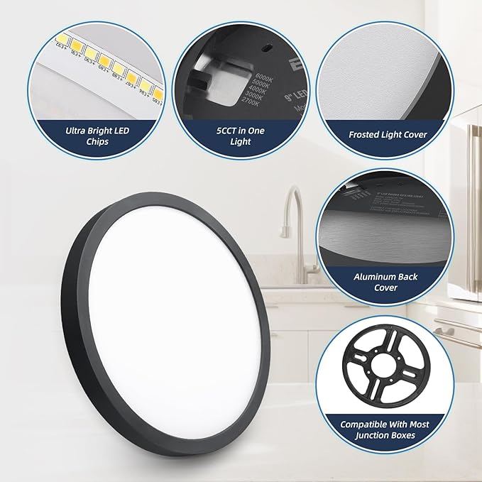 ECOELER Black Slim LED Ceiling Light, 9inch 5CCT Selectable Surface Mount Round Flat Panel Light, 24W 1800Lm, Close to Ceiling Light Fixtures for Kitchen, Bedroom, Laundry, 4 Pack