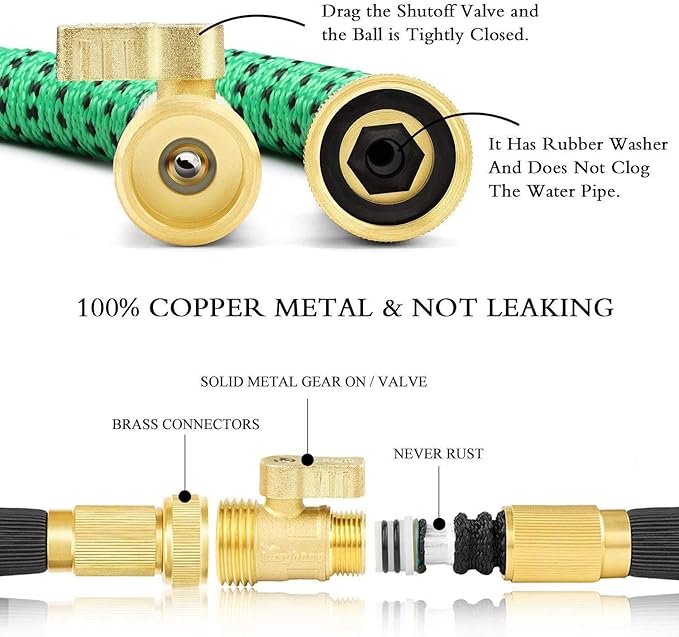 MQUAD Ultimate Expandable Garden Hose - Heavy Duty, Tangle-Free, Flexible with 10-Pattern Spray Nozzle, Solid Brass Connectors, 4-Layer Latex Core, Storage Bag, and Holder (Black/Green, 50FT)