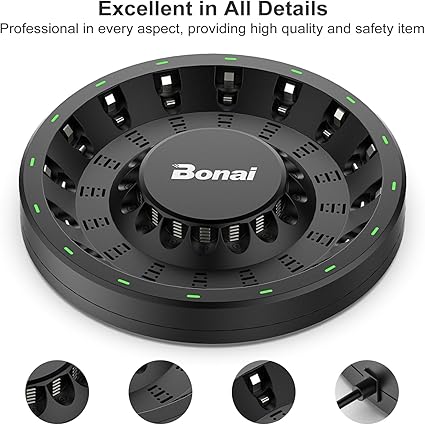 BONAI AA AAA Rechargeable Battery Charger for NiMH NiCD Batteries with AC High-Speed Plug Cable and Smart LED Light