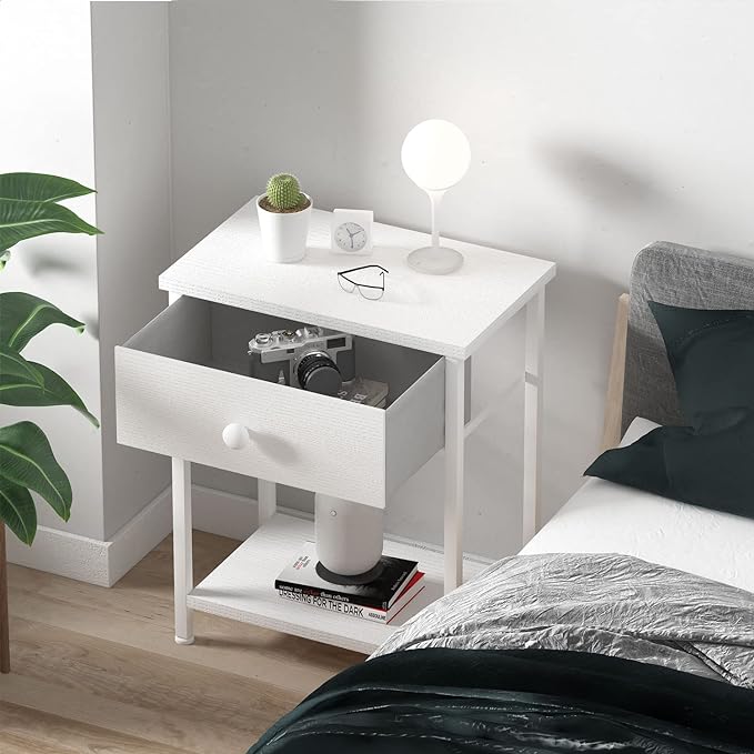 White Nightstand with Drawer, Small Night Stand with Shelf Storage End Table for Bedroom, Dorm, Modern Bedside Tables