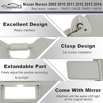 Left Driver Side Sun Visor Compatible with Nissan Murano 2009 2010 2011 2012 2013 2014 Sunshade Replacement 96401-1AA1B (Gray)