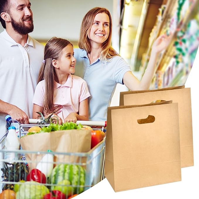 COGLARING 50Pcs 11x6x11 Brown Kraft Paper Bags with Handles, Die Cut Tote Bulk for Retail Shopping Takeout Bakery Gift Bags