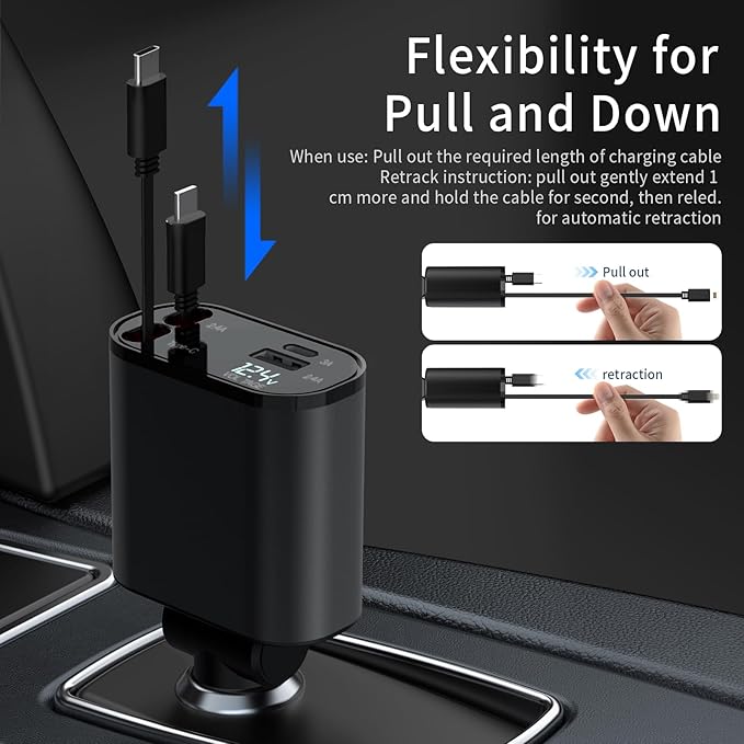 Retractable Car Charger, 4 in 1 Fast Car Charging 60W, Compatible for iPhone 16 Car Travel Essentials Charger, Women Men for Gifts USB C Car Honda Civic Accessories Adapter Compatible for iPhone 16 15