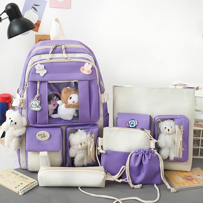 5-Piece Aesthetic Kawaii Backpack Set with Kawaii Pin and Pendants Accessories, Nylon Material Durable Adorable