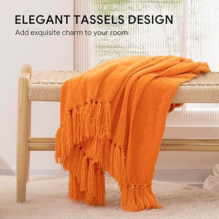 RECYCO Throw Blanket Soft Cozy Chenille Throw Blanket with Fringe Tassel for Couch Sofa Chair Bed Living Room (Orange, 50'' x 60'')