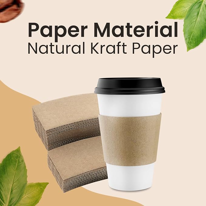Sleeves Coffee 200 Pcs Corrugated Brown Kraft Paper Cups Sleeves Fit 12oz, 16oz, 20oz, 22oz & 24oz Cups Recyclable & Disposable Perfect for Hot Drinks in Cafes & Offices (PACK OF 200)