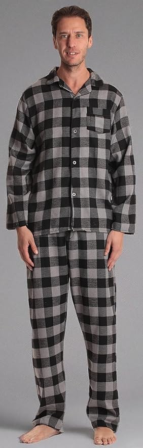 followme Mens Plaid Button Front Flannel Pajamas Set - Long Sleeve Long Pant