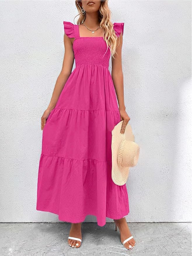 chouyatou Women's Summer Boho Flutter Sleeve Smocked Tiered Dress Flare Beach Maxi Long Ruffle Dress