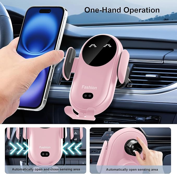 Wireless Car Charger Mount,MAX 15W Qi Fast Charger, Wireless Car Charger Air Vent, Automatic Clamping Phone Holder for iPhone 1615141312 ProPro Max, Samsung S22S21S20Note 20, etc(Pink)