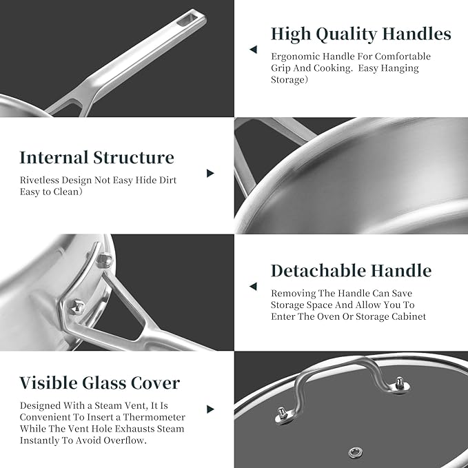 Tri-Ply Stainless Steel Saute Pan 6QT, 12 Inch Deep Frying Pan with Lids, 3-layer Saute Pan with Lid Large Skillet with Stay Cool Handle, Induction Pan, Dishwasher and Oven-Safe