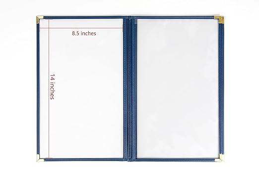 Menu Covers, Triple Page, 3 Pockets, 6 View, for 8.5" x 14" Legal Size Paper, Pack of 6, Blue Edging Gold Metal Corner, Made with Leatherette Vinyl