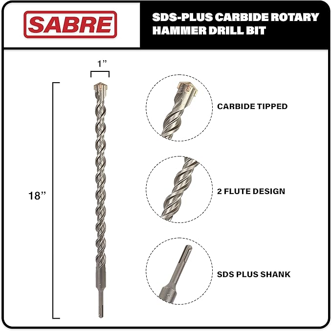 1 Inch x 18 Inch SDS Plus Rotary Hammer Drill Bit, Carbide Tipped for Brick, Stone, and Concrete (1" x 16" x 18")
