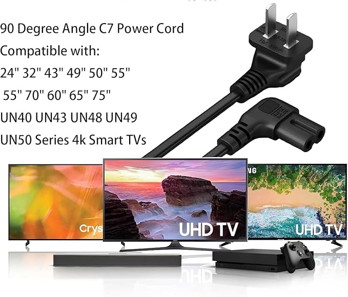 AC power cord for Samsung TV 24, 32, 43, 49, 50, 55, 55, 70, 60, 65, 75, 90 inches, 90 degree angle, C7 power cable compatible with LG TV 24, 28, 32, 40, 43
