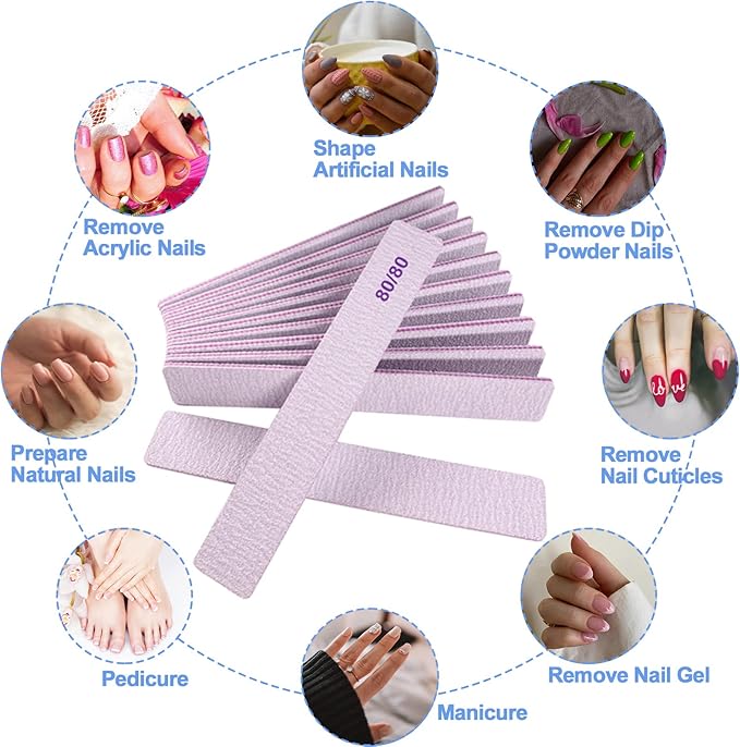 8080 Grit Nail Files, Emery Boards Nail File for Acrylic and Gel Nails, Coarse Nail File Double Sided 80 Grits Emory Professional Filers Reusable Washable Manicure Square Gray