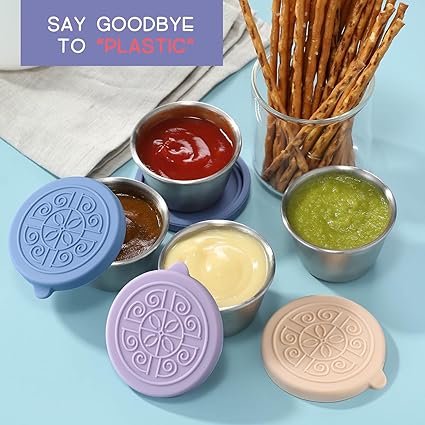 6 Pack Salad Dressing To Go Containers, 1.6 oz Small Stainless Steel Sauce Cups With Leakproof Silicone Lids, For Lunch Boxes, Picnics and Travel