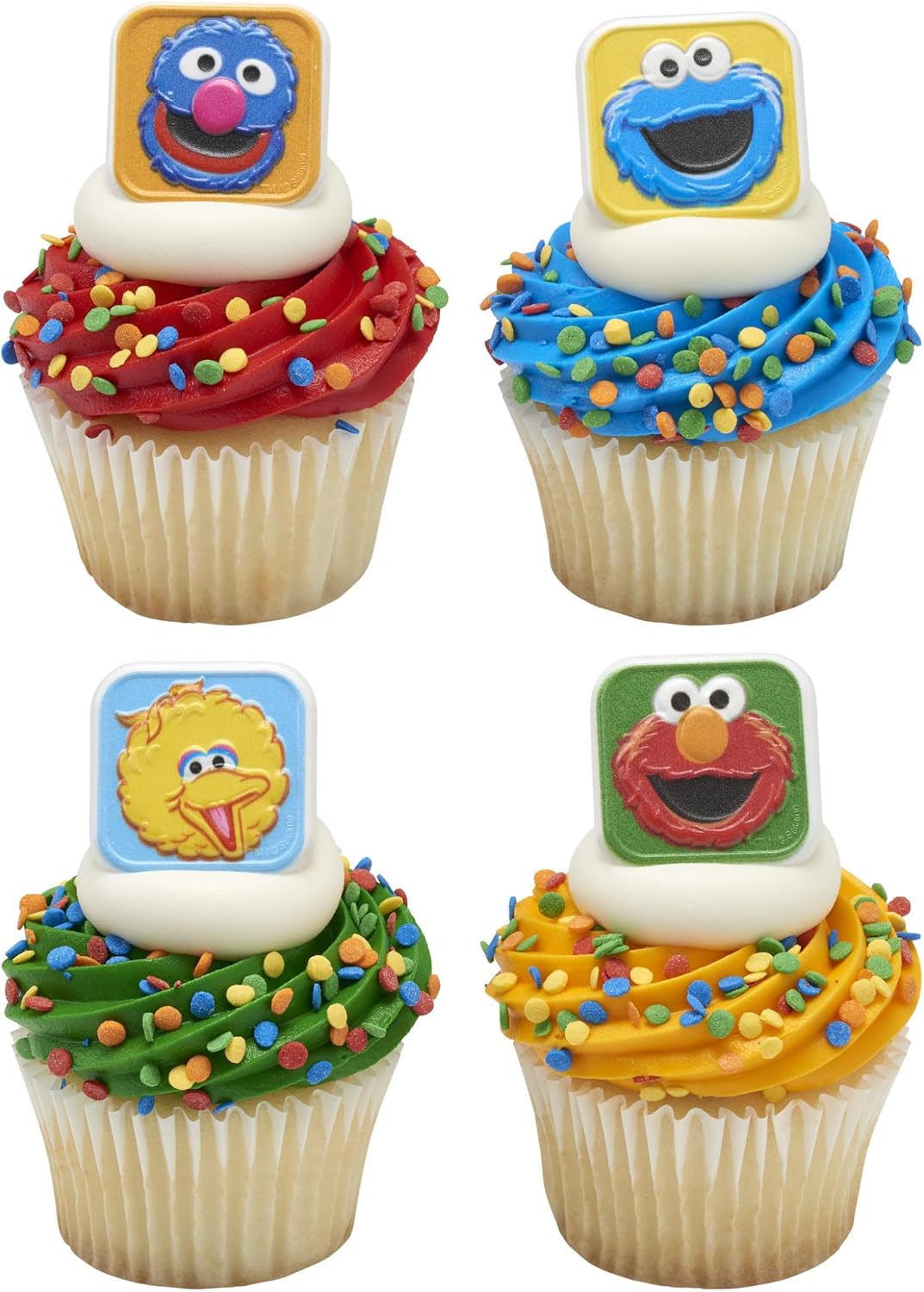 Sesame Street Rings, 24 Cupcake Toppers Featuring Elmo, Big Bird, Cookie Monster, Grover, Bright Colorful ( Cupcake Decorations, Food Safe - 24 Pack (Mixed Character Amounts)
