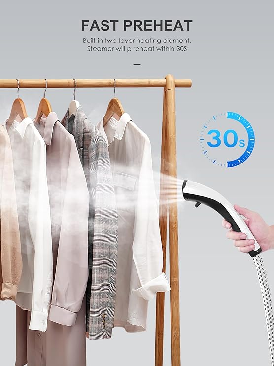 Professional Steamer for Clothes, Reemix Standing Steamer with Garment Hanger, Heats in 30 Seconds, Large Detachable Water Tank for 1 Hour Continuous Steaming, Includes Fabric Brush, Easy-roll Wheels