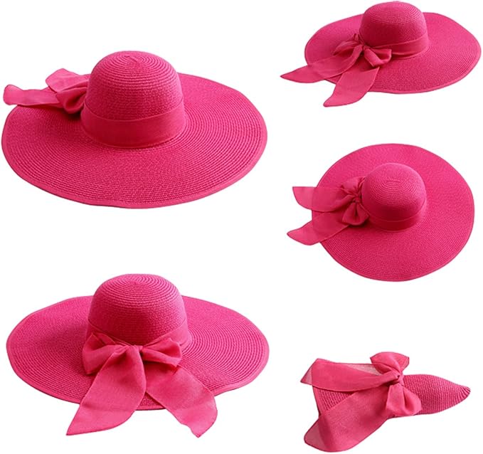 Lanzom Womens 5.7 Inches Big Bowknot Straw Hat Large Floppy Foldable Roll up Beach Cap Sun Hat UPF 50+
