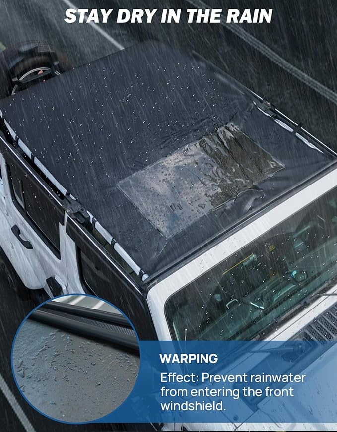 JOYTUTUS Sun Shade Top Compatible with Wrangler JLU 4 Door 2018-2023, Waterproof Canvas Roof Top Cover Wrangler JL Sunshade Blocks Rain, UV, Wind, Noise