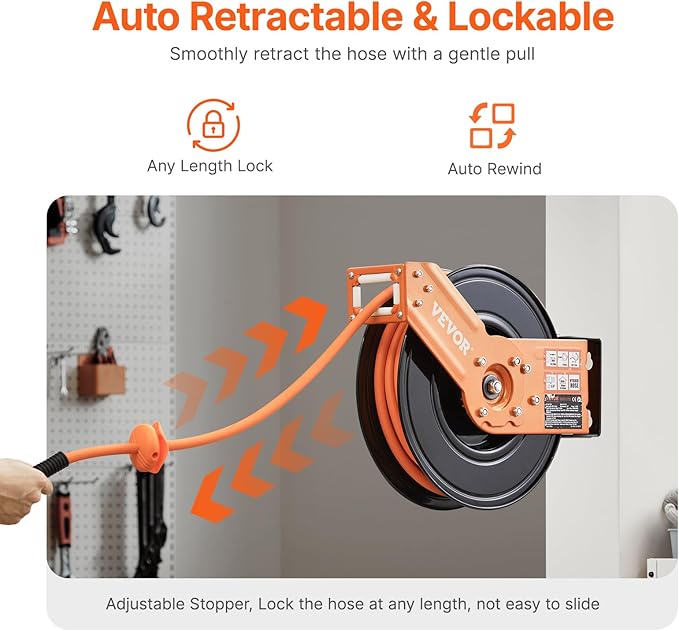 VEVOR Retractable Air Hose Reel, 3/8IN x 50FT Rubber Air Hose Max 300PSI, Air Compressor Hose Reel Auto-Rewind with 5FT Lead in, Ceiling/Wall Mount Heavy Duty Single Arm Reel & 180° Swivel Bracket