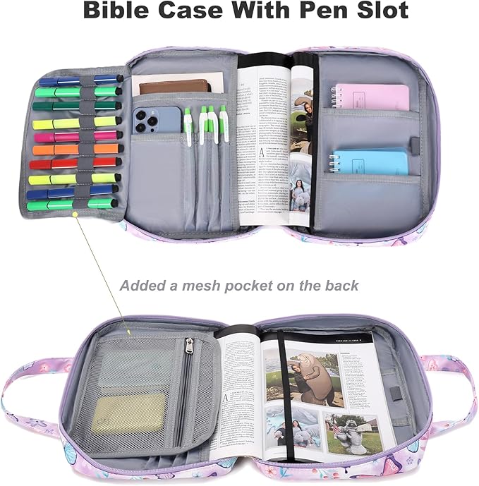 Octsky Bible Covers Bible Case Girls Book Carrying Case for Kids Scripture Church Bag Bible Protective with Handle Zippered Pocket (Butterfly Lake)