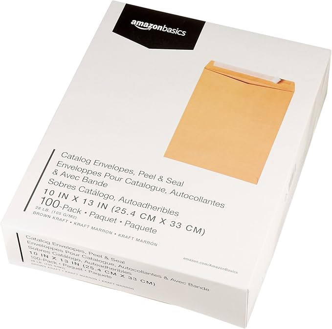 Basics Catalog Mailing Envelopes, Peel and Seal, 10x13 Inch, Brown Kraft, 100-Pack