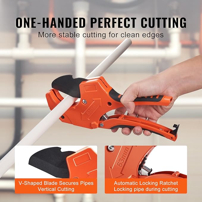 VEVOR PVC Pipe Cutter, Up to 2-12" O.D. Ratchet Pipe Cutter Heavy Duty, Professional Tube Cutting Tool with SK5 Steel Blade Ergonomic Handle, Uses for PVC, CPVC, PP-R, PEX, PE, Rubber Hose