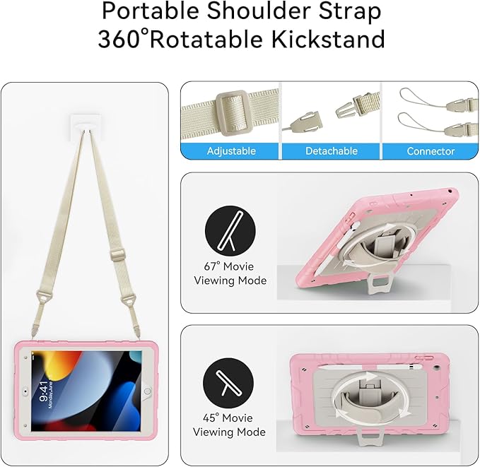 Case for iPad 9th/8th/7th Generation-Built-in Screen Protector,with Pencil Holder&360°Rotating Hand Strap,Shoulder Strap,Case for iPad 10.2 inch 2021-2019(Pink/Beige)