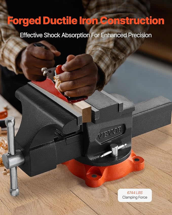 VEVOR Bench Vise, 8" Jaw Width, 8" Max Jaw Opening Multipurpose Vise with 360° Swivel Locking Base, 3.7" Throat Depth, Heavy Duty Ductile Iron Workbench Vise, Two-Way Jaws for Clamping Round Pipes