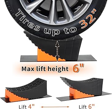Curved Leveling Blocks, Raised Tire Change Ramp, for RV Camper Travel Trailer, Fits Dual Axle Tandem Wheel Aid Changing, Lift up to 6", Comes with Chock and Rubber Mat (2 Pack)