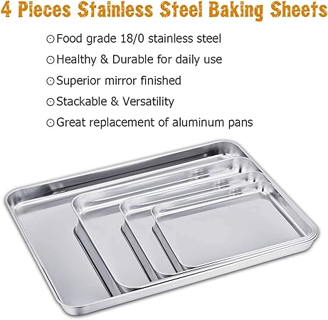 TeamFar Baking Sheet Set of 4, Stainless Steel Baking Pan Tray Cookie Sheet, Non Toxic Healthy, Rust Free Easy Clean - Dishwasher Safe