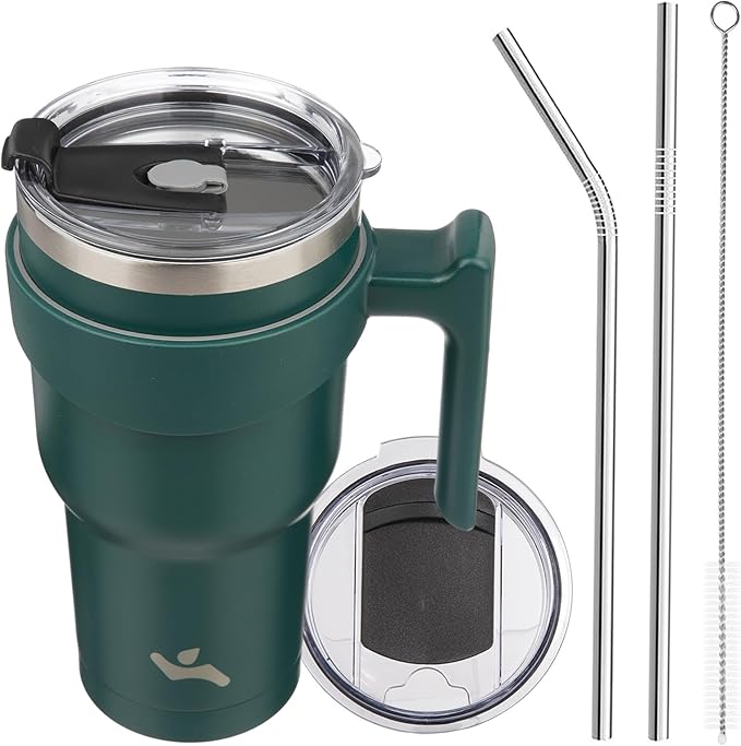 30 oz Tumbler with Handle and 2 Straw 2 Lid, Insulated Water Bottle Stainless Steel Vacuum Cup Reusable Travel Mug,Army Green