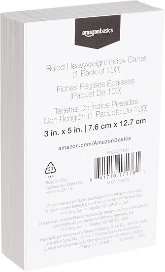 Basics Heavy Weight Ruled Lined Index Cards, White, 3x5 Inch Card, 100-Count