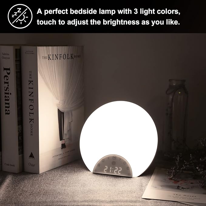 ANTDALIS Sunrise Alarm Clock Wake Up Light for Kids, Adults, Heavy Sleepers with Dual Alarms, Snooze, Sleep Aid with 7 Nature Sounds for Bedrooms with 8 Colors Night Light, FM Radio, Gift Ideas