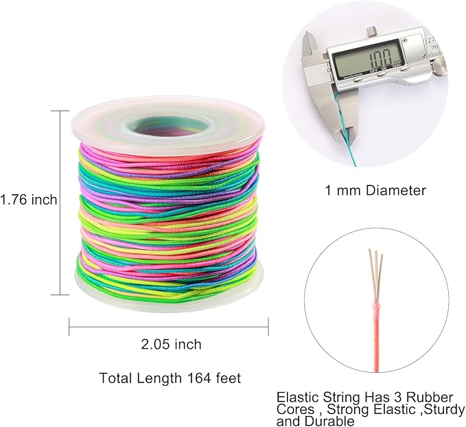 Elastic String for Bracelets, 1mm Sturdy Stretchy String Rainbow Elastic Cord for Jewelry Making, Beading Necklaces and Crafts (164 Feet)